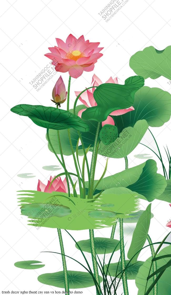 tranh decor nghe thuat cay sen va hoa duoi ho